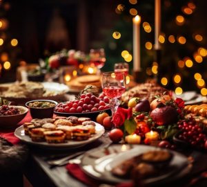 tavola piena di cibo e luci di natale