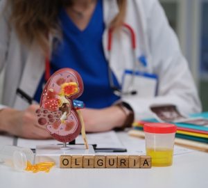 oliguria scritto su legno, dietro, un medico donna